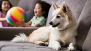 Medium size white fluffy dog with light tan markings lying on sofa with kids playing behind with a ball