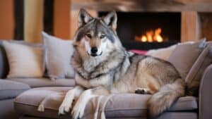 Beautiful gray and beige wolf sitting on beige living room sofa with fire burning in fireplace behind