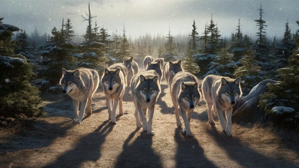 Pack of wolves walking through snowy pine forest