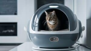 Tabby cat with white chest standing in blue covered automatic self cleaning litter box. AI Generated image