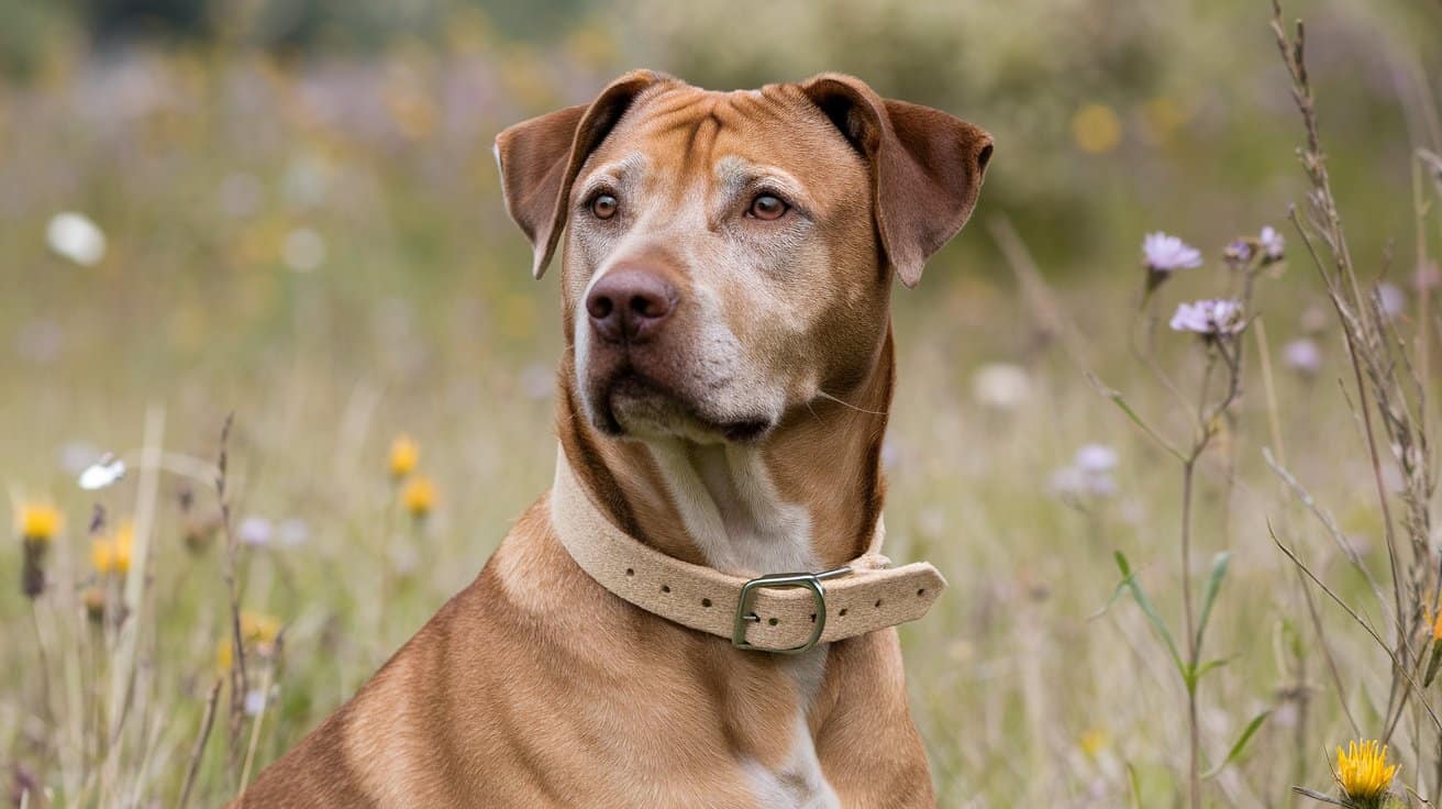 Large brown and white dog sitting in flowery firled wearing beige collar made from hemp. Image generated by Ideogram AI
