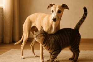 A friendly tabby cat rubbing affectionately against the legs of a gentle sandy color whippet. The dog stands calmly, looking slightly surprised but relaxed. They are indoors on a soft rug, with warm natural lighting creating a cozy, peaceful atmosphere. The cat’s body is curved in mid-rub, tail up, clearly marking the dog affectionately.