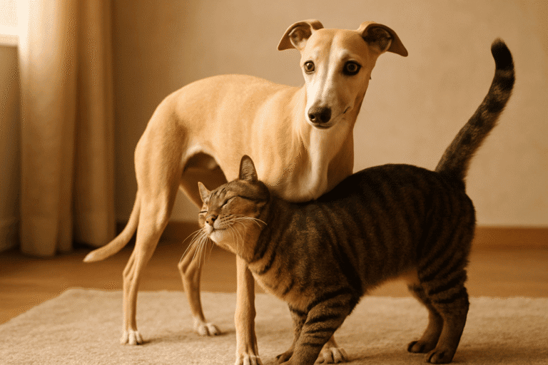 A friendly tabby cat rubbing affectionately against the legs of a gentle sandy color whippet. The dog stands calmly, looking slightly surprised but relaxed. They are indoors on a soft rug, with warm natural lighting creating a cozy, peaceful atmosphere. The cat’s body is curved in mid-rub, tail up, clearly marking the dog affectionately.
