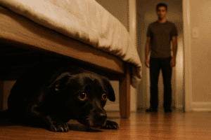 A small black dog crouched low with wide, anxious eyes, peeking out from under a bed. In the background, a man stands in the doorway—tall, with a neutral expression and casual clothing. The dog’s body language shows fear: ears back, tail tucked, avoiding eye contact. The scene is softly lit, conveying a quiet, emotional moment inside a modest home.
