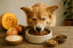 A happy dog eating from a bowl surrounded by natural ingredients — pumpkin, oats, apples, and small insect proteins like crickets and black soldier fly grubs — on a rustic wooden table with soft natural lighting.