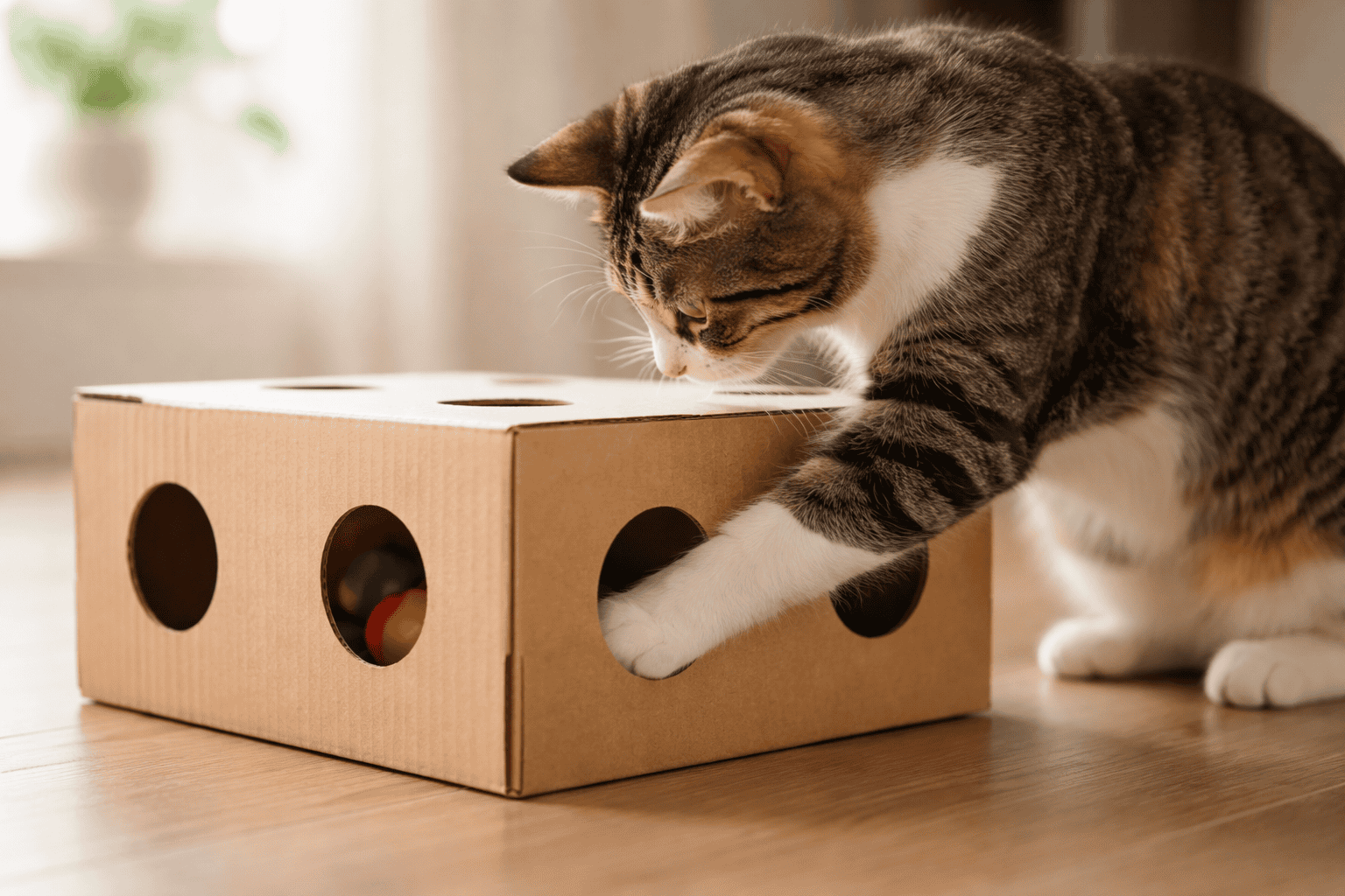 A curious tabby and white cat pawing at a cardboard box DIY homemade cat toy with circular holes cut in the sides, trying to reach the toys inside