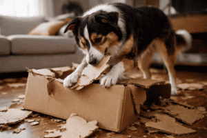 Black tan and white medium size fluffy dog tearing apart cardboard box used as a free and easy DIY enrichment toy for dogs