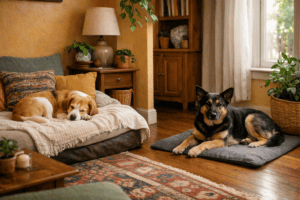 A realistic photograph showing two dogs resting calmly in separate spots within the same room. One dog lies on a bed in a quiet corner, while the other rests on a mat near a window or along a wall across the room. Highlighting easy mental enrichment for dogs in a home environment