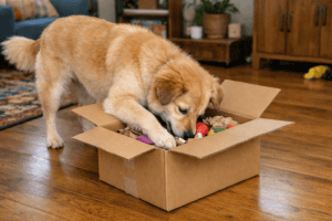 A sandy color medium size dog pawing at a large cardboard DIY enrichment box. Dogs toys are seen through an open flap at the top of the box