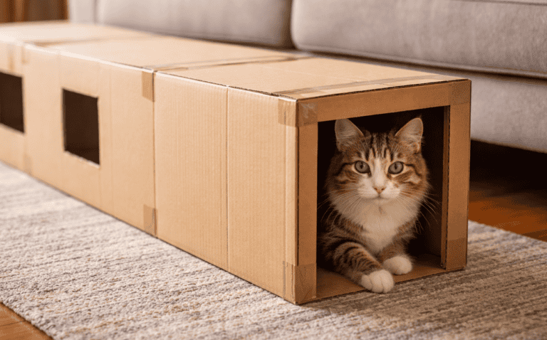 Tortoiseshell cat sitting in DIY homemade cardboard box cat tunnel