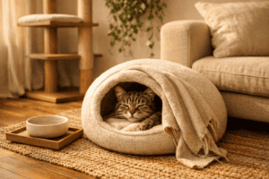 A beautifully styled living room cat corner, warm and inviting. A round cave-style cat bed in soft cream fabric sits on a jute rug beside a linen sofa. A slim wooden cat tree stands nearby, and a fleece blanket is draped loosely over the bed's entrance. A small tabby cat is half-inside the cave bed, looking out with sleepy contentment.
