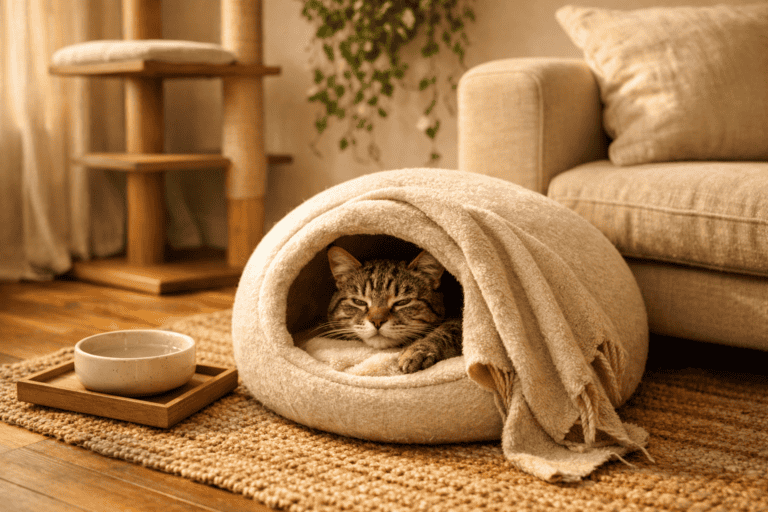 A beautifully styled living room cat corner, warm and inviting. A round cave-style cat bed in soft cream fabric sits on a jute rug beside a linen sofa. A slim wooden cat tree stands nearby, and a fleece blanket is draped loosely over the bed's entrance. A small tabby cat is half-inside the cave bed, looking out with sleepy contentment.