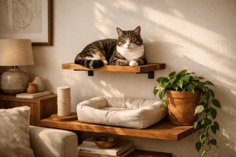 A beautifully styled living room corner with a cat settled contentedly on a wall-mounted wooden shelf. The space feels warm and intentional — natural wood tones, a linen cat bed on a lower shelf, a small sisal scratching post, and a trailing plant in a terracotta pot nearby. Soft afternoon light falls across the scene.