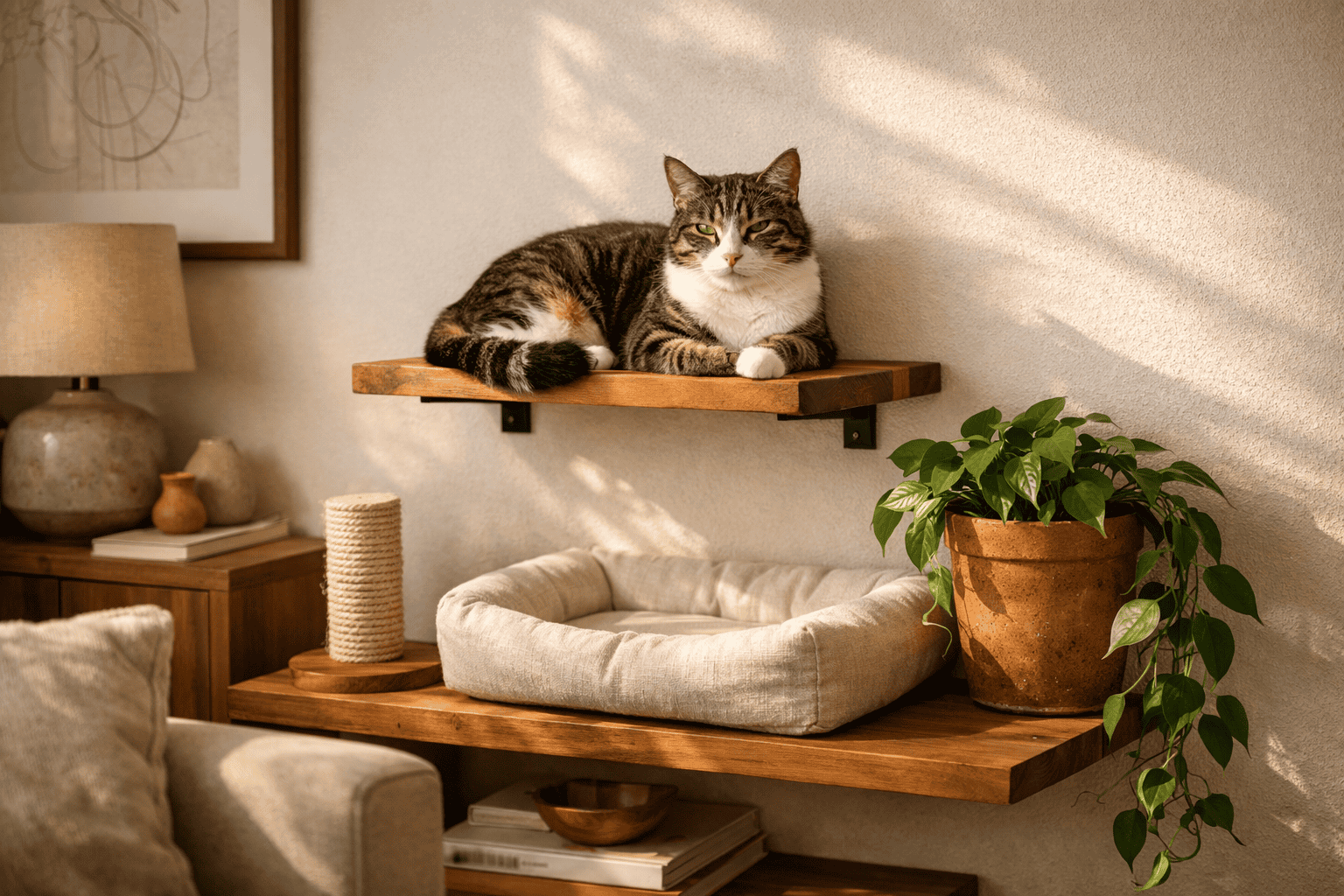 A beautifully styled living room corner with a cat settled contentedly on a wall-mounted wooden shelf. The space feels warm and intentional — natural wood tones, a linen cat bed on a lower shelf, a small sisal scratching post, and a trailing plant in a terracotta pot nearby. Soft afternoon light falls across the scene.