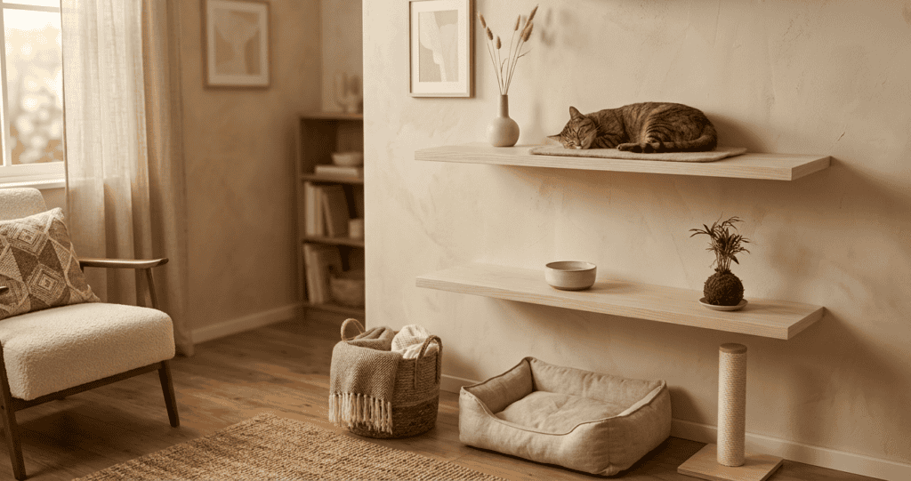 A calm, sunlit living room corner in a Japandi style. A pale ash wood wall-mounted shelf holds a sleeping tabby cat. Below it, a natural linen cat bed sits on light oak flooring. A raw sisal scratching post stands nearby.