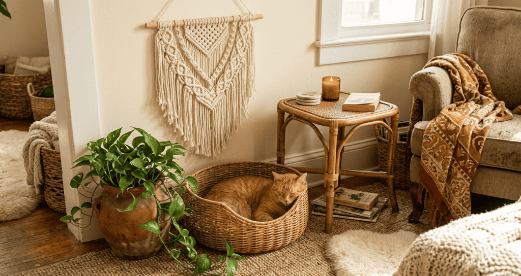 A warm, textured living room corner in a boho style. A ginger cat curls inside a round wicker cat basket on a jute rug. Surrounding the basket are trailing pothos and a terracotta pot, a macramé wall hanging, and a rattan side table. 