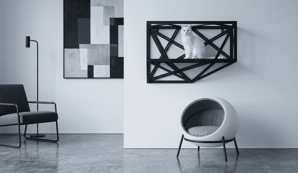A sleek, minimal living room corner in a modern style. A black geometric wall-mounted cat shelf holds a white short-haired cat sitting upright. Below it, a structured pod cat bed with black metal legs sits on polished concrete flooring. 