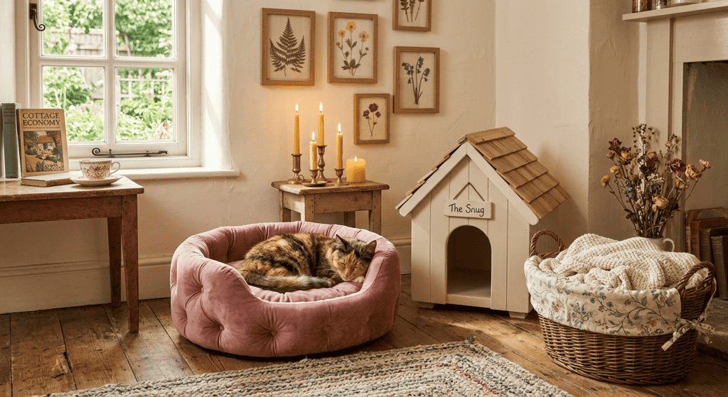 A warm, charming living room corner in a cottagecore style. A fluffy tortoiseshell cat sleeps in a tufted dusty rose velvet cat bed beside a small wooden cat house with a pitched roof. Nearby, a basket lined with a floral vintage-print fabric holds a folded blanket. 