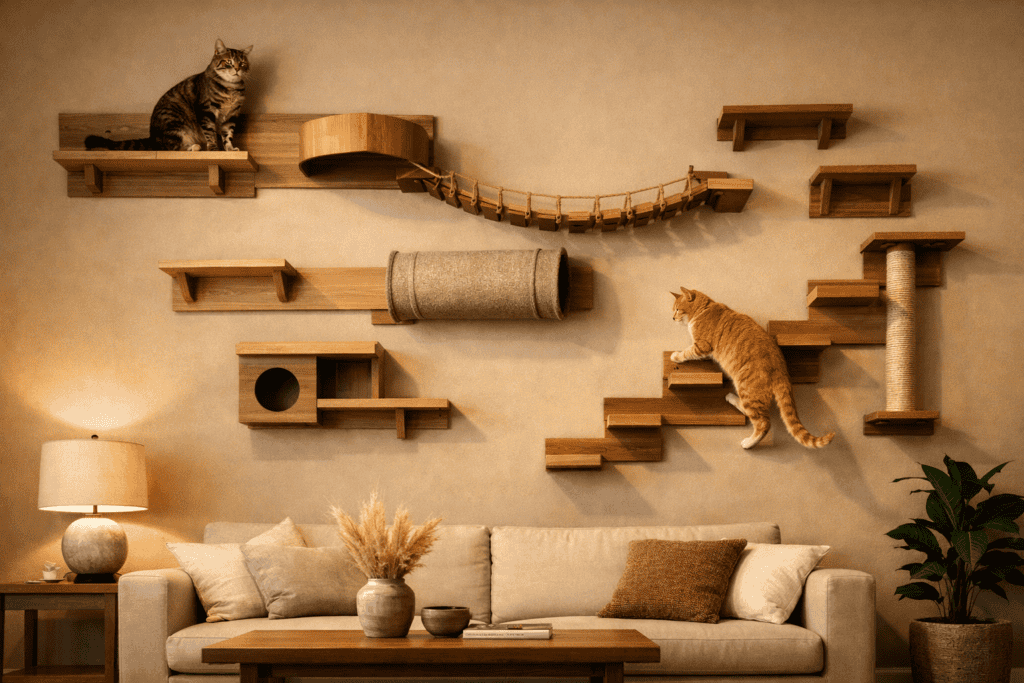 A dramatic living room feature wall fitted with a full cat wall system — an arrangement of wooden shelves, small rope bridges, stepped platforms, and a fabric tunnel at mid-height. Two cats occupy different levels: one perched at the top surveying the room, one mid-climb on a stepped platform. 