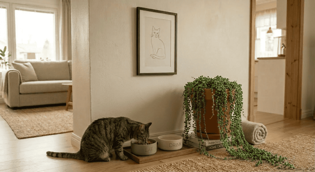 A beautifully styled cat corner vignette in a warm living room. On a small wooden tray placed directly on the floor, two ceramic stoneware bowls in muted sage and cream are arranged neatly at cat height — a considered feeding station that looks more like a design detail than a pet necessity. Beside the tray on the floor, a lush string of pearls plant spills softly from a terracotta pot, adding layered greenery. Above on the wall, a simple framed line drawing of a cat in a thin black frame anchors the whole vignette. A sleek tabby cat is crouched at the bowls, eating comfortably. 