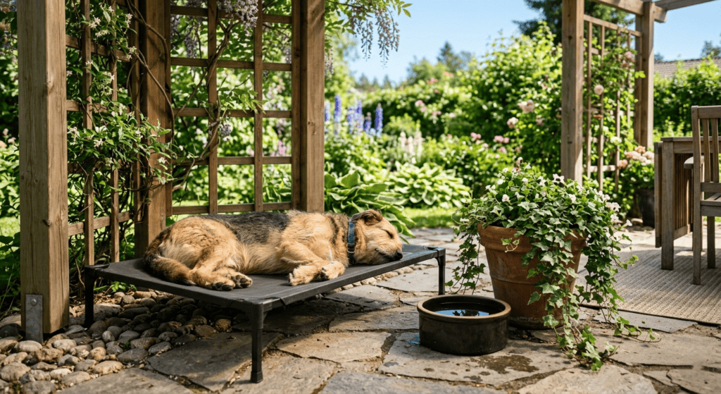 A sunny garden patio with a shaded dog corner beside a wooden pergola. A weatherproof raised dog lounger sits in dappled shade, a large mixed-breed dog stretched out on it, completely relaxed. Nearby, a tip-resistant water bowl sits on a paved surface beside a terracotta pot of trailing plants. The garden beyond is lush and well-kept. 