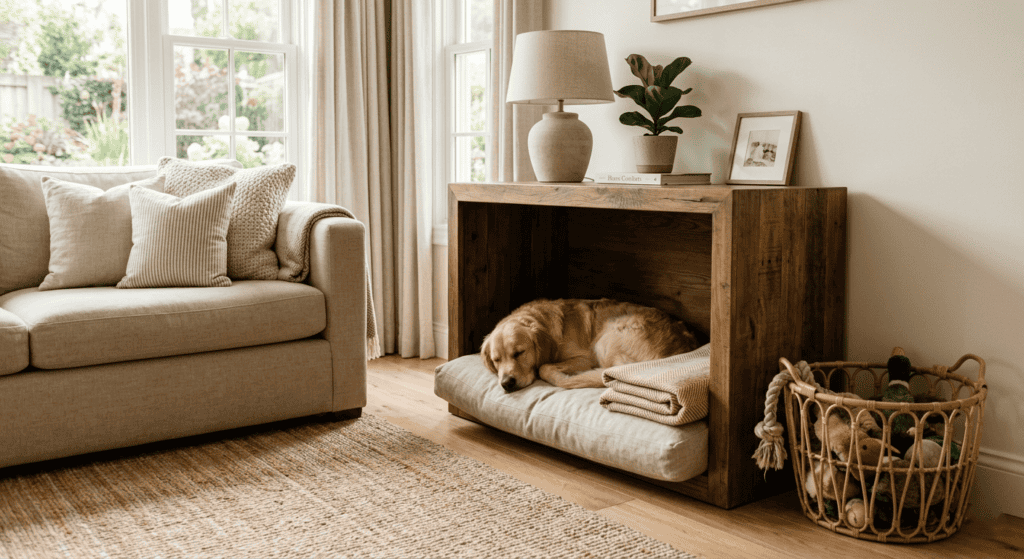 A warm, styled living room with a dog nook tucked under a wooden side table. A golden retriever is curled up on a linen cushion inside the nook, a folded blanket beside them and a rattan toy basket just visible nearby. 