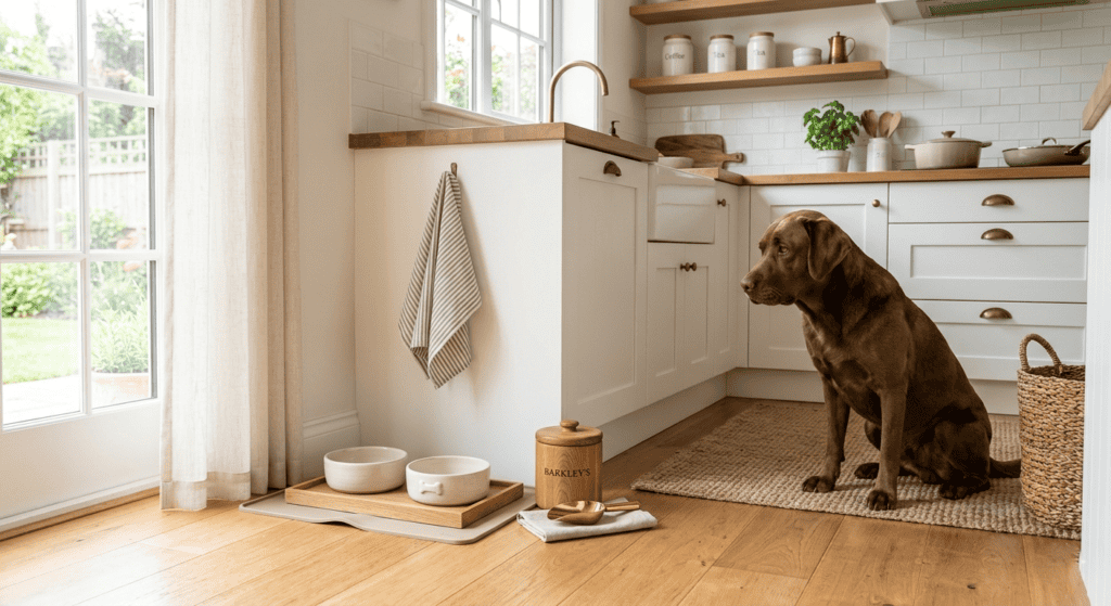 A clean, warm kitchen with a styled dog feeding station in the corner. Two matching ceramic bowls sit on a wooden tray on top of a folded silicone mat. A small wooden canister for dog food and a scoop sit neatly beside it. A chocolate brown Labrador sits patiently nearby, looking toward the bowls. 
