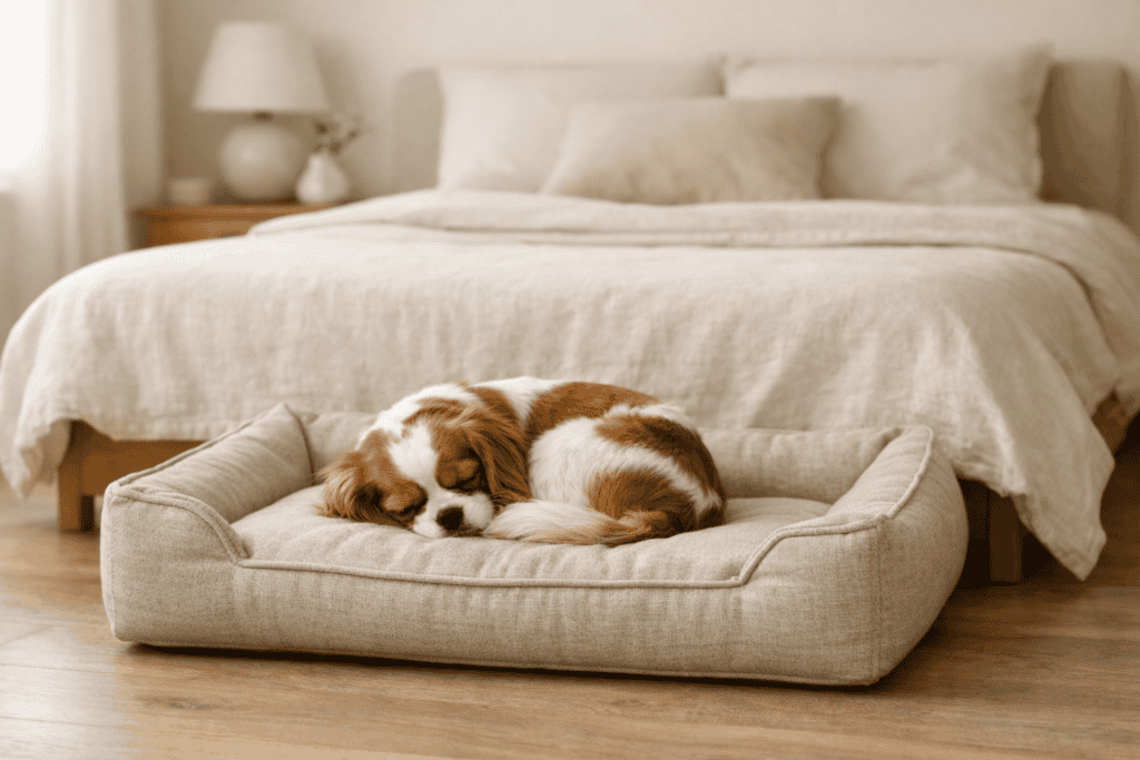 A calm, neutral bedroom with a low-profile dog bed positioned at the foot of a linen-dressed bed. A small spaniel is curled up on the bed, settled and relaxed. 