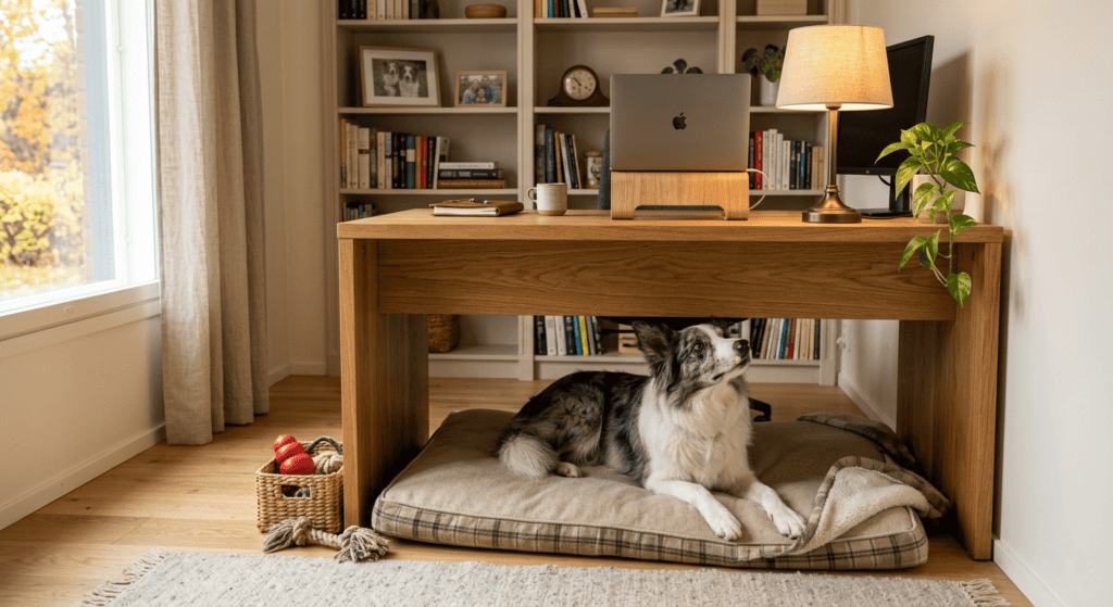 A tidy home office with a flat, low-profile dog bed tucked neatly under a wooden desk. A border collie is lying on the bed, chin resting on their paws, looking up toward their owner. A small basket beside the desk holds a chew toy and a KONG. 