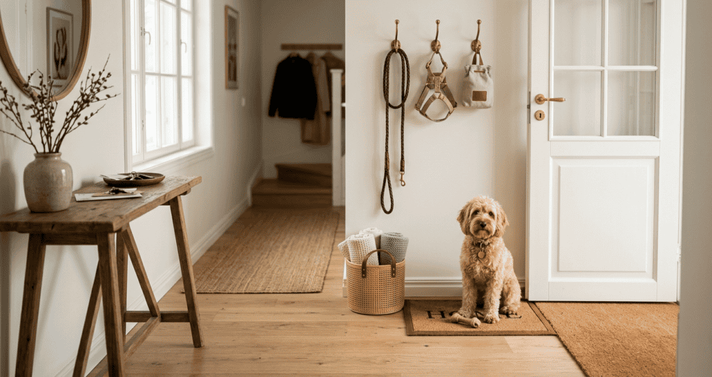 A well-organised home entryway with a dedicated dog area near the front door. A row of brass hooks on the wall holds a leash, a harness, and a treat bag. Below the hooks, a small basket holds dog towels. A cockapoo sits on a small mat near the door, a chew toy between their paws, looking alert and calm. 