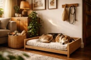 A warm, inviting home interior featuring a beautifully styled dog nook in a living room corner. A rich but relaxed space — a low wooden dog bed frame with a linen cushion, a rattan toy basket to one side, a trailing plant nearby, and a single personalised name sign above. A content mixed-breed dog is curled up inside, looking settled and at home.