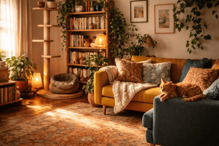 A warm, inviting apartment living room that feels genuinely loved and thoughtfully put together. The space is colorful and layered — a deep mustard sofa dressed with mismatched cushions and a chunky knit throw, a patterned rug in warm terracotta and ochre anchoring the room, bookshelves packed with colorful spines, trailing plants, and small ceramics. A slim floor-to-ceiling cat tree in natural wood stands against the wall beside the shelves. A cozy cat bed sits in a defined corner, anchored by a rug and lit by the warm glow of a nearby floor lamp. A contented ginger or tortoiseshell cat is draped across the sofa armrest, completely at home