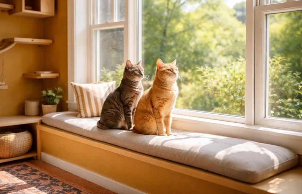 A bright, sun-filled cat room with a wide padded window perch built flush beneath a large sash window. Two cats are settled on it side by side. 