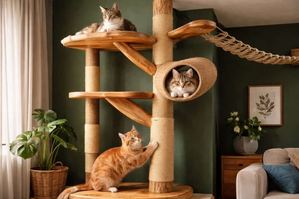 A bold, characterful cat room corner dominated by a floor-to-ceiling cat tree in natural wood with sisal-wrapped posts throughout. The tree is wide and multi-branched, reaching the ceiling and braced at the top. Three cats occupy different levels simultaneously — one on a high platform, one inside a tunnel halfway up, one sharpening their claws on a sisal post at the base. The wall behind is painted a deep forest green. A rope bridge extends from the top platform toward a wall-mounted shelf just visible at the frame's edge. 