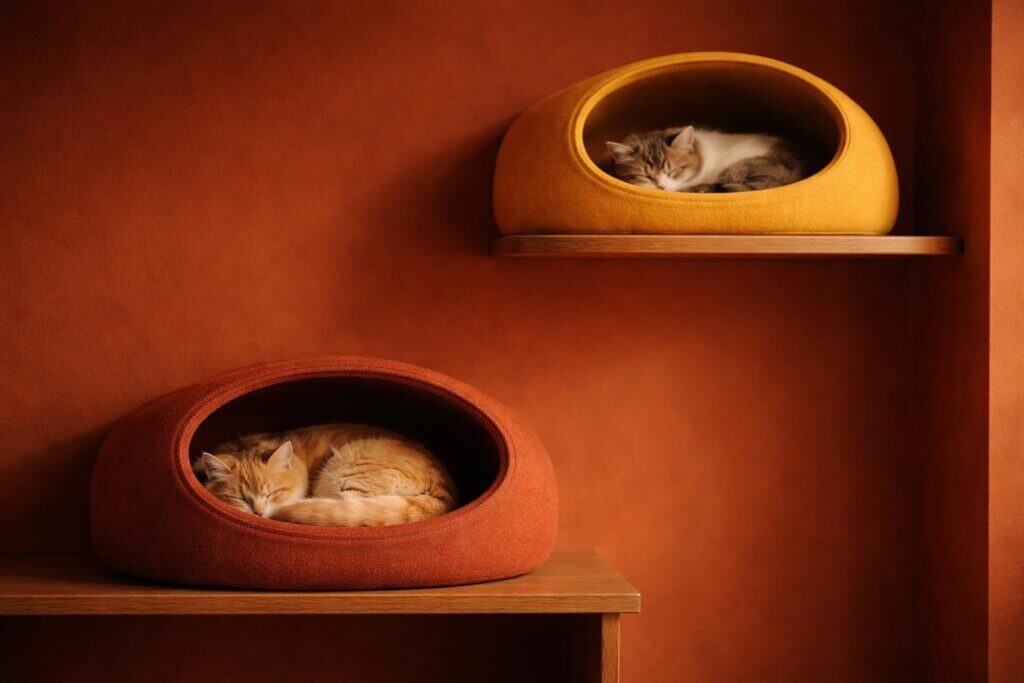 A warm corner of a cat room styled entirely around sleep. Two cave beds are positioned at different heights — one on a mid-height shelf in a deep rust fabric, one elevated near the ceiling in mustard yellow. A small, fluffy cat is curled inside each one. The wall behind is painted a rich terracotta. 