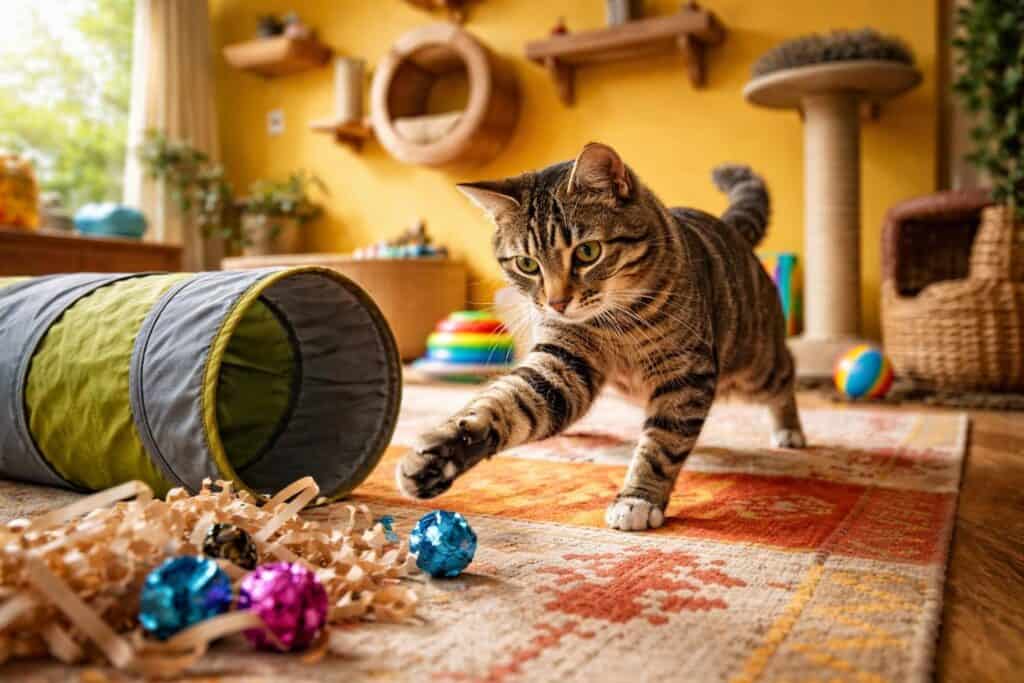 A colorful cat room play zone at peak activity. A low fabric tunnel sits on a flat-weave rug in bold geometric terracotta and yellow. Crinkle balls are half-hidden in a shallow pile of paper strips beside it. A sleek tabby is mid-pounce, one paw extended toward a crinkle ball, expression completely focused. The surrounding room is warm and lively — a bold mustard feature wall, cat shelves visible above, afternoon light streaming across the floor. 
