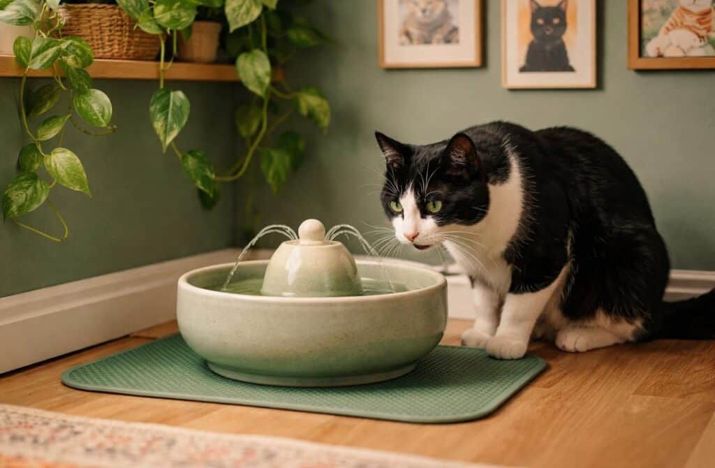 A calm, beautifully styled corner of a cat room featuring a ceramic cat water fountain. The fountain sends gentle arcs of water into a wide bowl. A sleek black and white cat stands beside it, mid-drink. A small rubber mat sits beneath the fountain