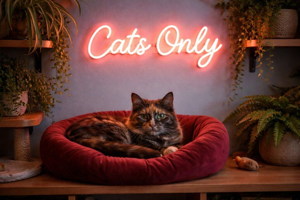 A warm, personality-filled cat room at dusk. A pink LED neon sign reading 'Cats Only' glows softly on a deep aqua feature wall, casting a warm rosy light across the room. Below it, a plush cat bed in purple velvet sits on a low shelf, a fluffy tortoiseshell cat curled inside. Cat-safe trailing plants — spider plants and Boston ferns — spill from shelves on either side. 