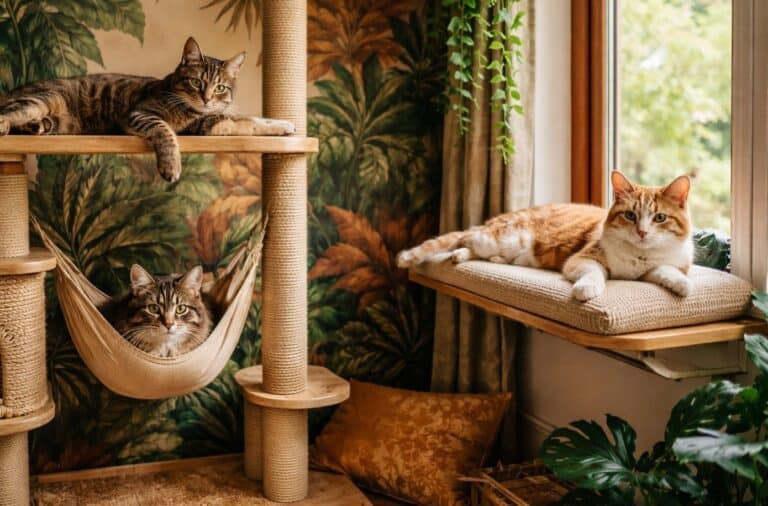 A lush, colorful dedicated cat room that feels like a real room in a real home — and also like a jungle. A large botanical mural covers the back wall in deep greens, terracotta, and gold. A floor-to-ceiling cat tree in natural wood and wrapped in sisal dominates one corner, with two cats visible — one stretched across a high platform, one peering out from a hammock halfway up. Cat shelves in pale wood trace the perimeter of the room at varying heights. A wide window perch is bathed in warm afternoon sun, with a third cat sprawled across it.