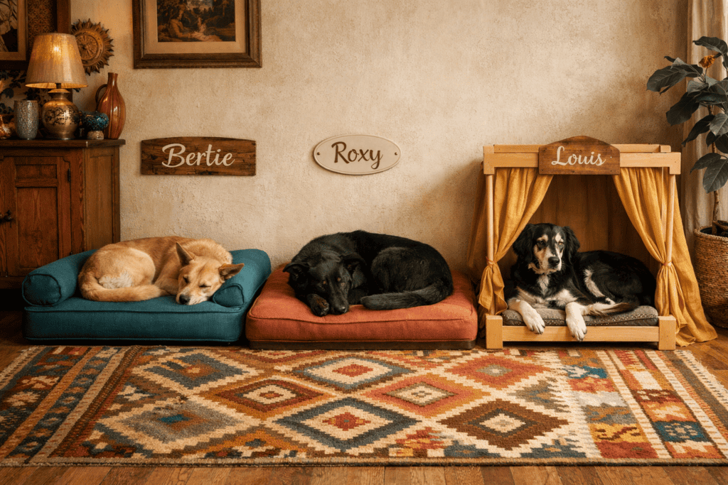 A richly styled living space with three distinct dog sleeping spots arranged along one wall, each with its own personality. One spot has a deep teal bolster bed with a handmade wooden name sign “Bertie” above it. The next has a rust-colored orthopedic mattress with a ceramic sign “Roxy”. The third has a small canopied frame in natural wood draped with a mustard linen curtain and a wood name sign “Louis”. Three dogs of different sizes are each settled in their own spot — a sandy color desert dog, a black shepherd cross, and a black and white saluki cross.