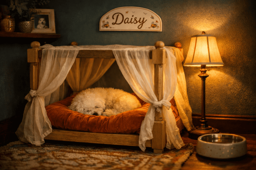 A cozy, dimly lit dog room corner that feels indulgent and completely intentional. A small four-poster canopy bed in natural wood sits against a deep teal wall, draped with sheer cream fabric and fitted with a thick, plush interior cushion in burnt orange velvet. A small, fluffy white dog is curled up inside, barely visible beneath the draping.