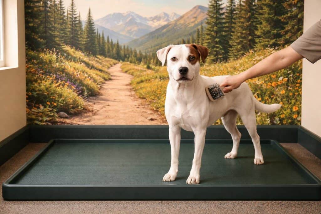 A large dark green rubber mat with a raised lip sits flush against the back wall of a colorful room, no shelving or storage of any kind visible anywhere in the frame. The wall behind the mat is covered floor to ceiling, side to side, in a mountain trail mural. A white pitbull-Labrador cross with brown markings over one eye and ear stands calmly on the mat. A human arm enters the frame from one side, hand holding a wire brush, mid-stroke through the dog's coat. The dog looks relaxed and cooperative.