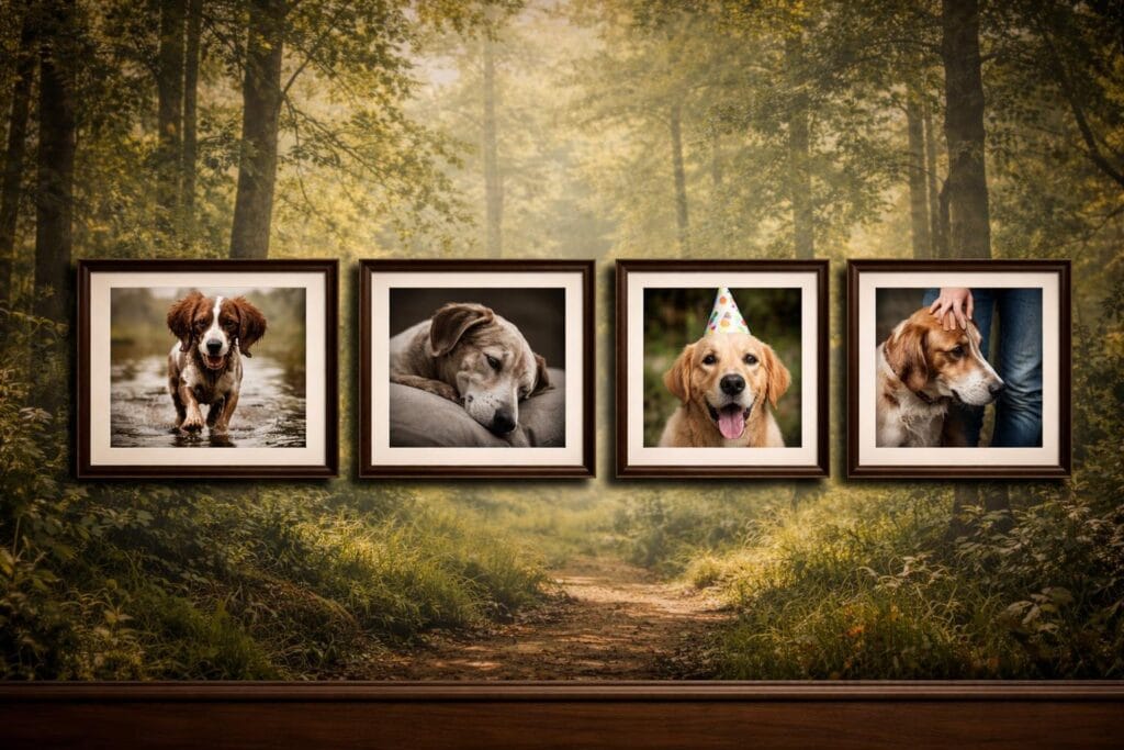A warm, characterful wall covered in a carefully arranged gallery of dog photographs in matching dark wood frames, hung in a consistent line well above floor level out of reach of a dog. The photographs themselves are a mix — a large action shot of a muddy spaniel mid-run, a close portrait of a sleeping greyhound, a slightly ridiculous image of a dog wearing a party hat, a tender moment of a dog pressed against their owner's leg. The wall behind has a large forest mural covering from floor to ceiling, side to side. .