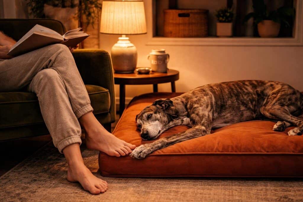 A warm, intimate corner of a dog room designed as much for the human as the dog. A low-slung armchair in a deep olive green velvet sits beside a large orthopedic dog bed in burnt orange. A person's legs are visible, crossed at the ankle, a book resting open on one knee. A large brindle greyhound is stretched across the dog bed beside the chair, one paw touching the person's foot. A floor lamp glows warmly between them. A small side table holds a ceramic treat jar and a half-drunk mug of tea.