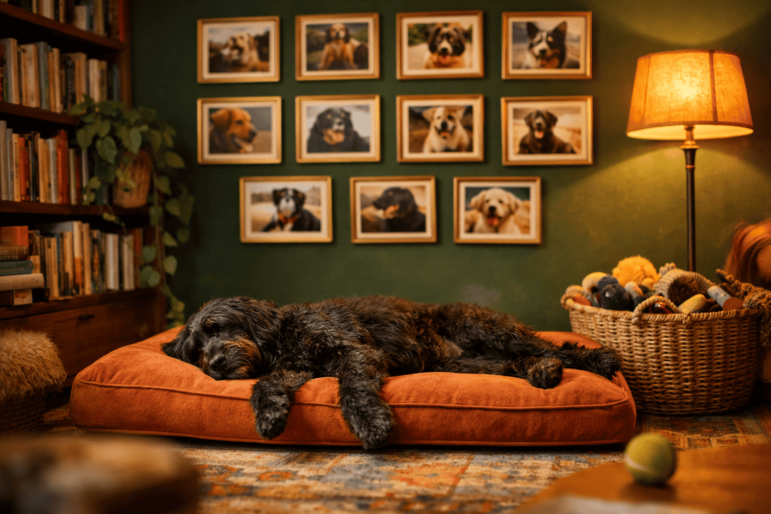 A warm, joyful dog room bursting with personality and color. A deep forest green accent wall is covered in a playful grid of framed dog photographs in matching brass frames. A plush burnt orange orthopedic dog bed sits center frame, and a large black shaggy dog is stretched across it in full relaxed sprawl.