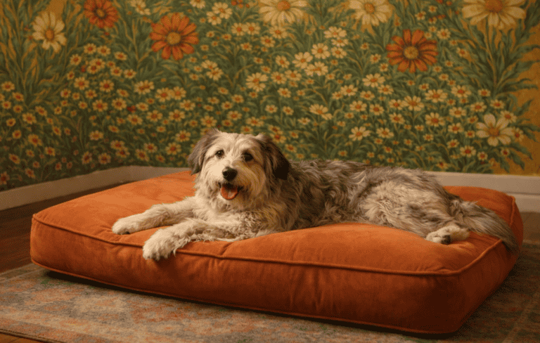 A joyful, colorful dedicated dog room that feels like a real room in a real home. A deep mustard yellow feature wall is covered in a large botanical mural. A plush burnt orange orthopedic dog bed sits center frame, and a large scruffy mixed-breed dog is stretched across it, completely at ease. The floor is sealed wood with a flat-weave kilim rug in terracotta and navy